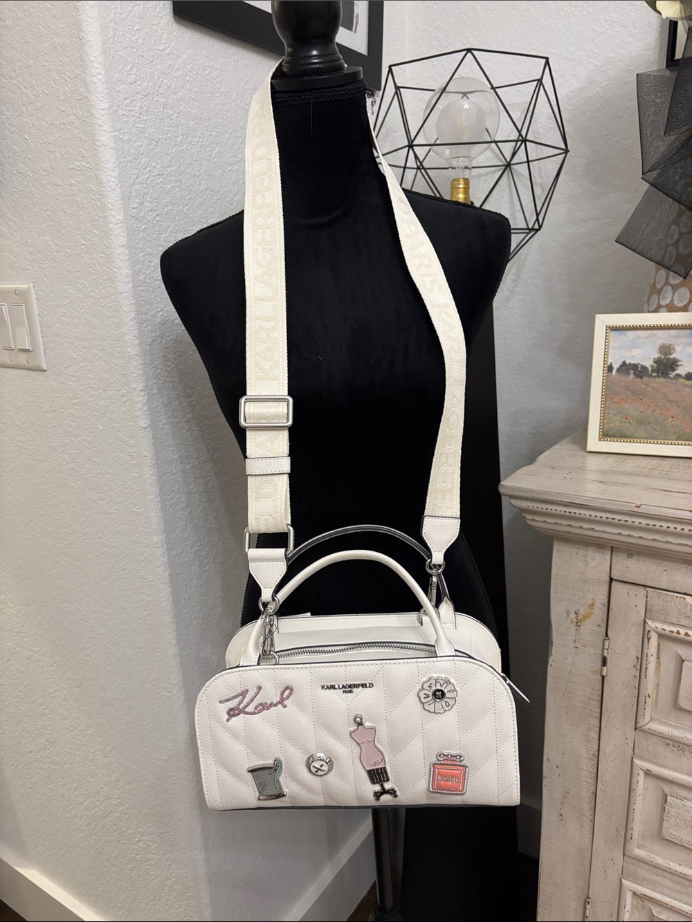 Karl Lagerfeld White Quilted Crossbody Bag with Decorative Pins